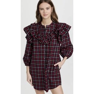 Something Navy Plaid Ruffle Long Sleeve Dress Button Front Red Black Size Medium